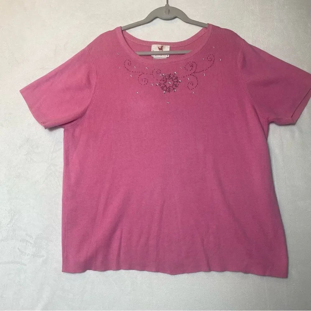 Quacker Factory Pink Knit Short Sleeve Sweater Size 1X